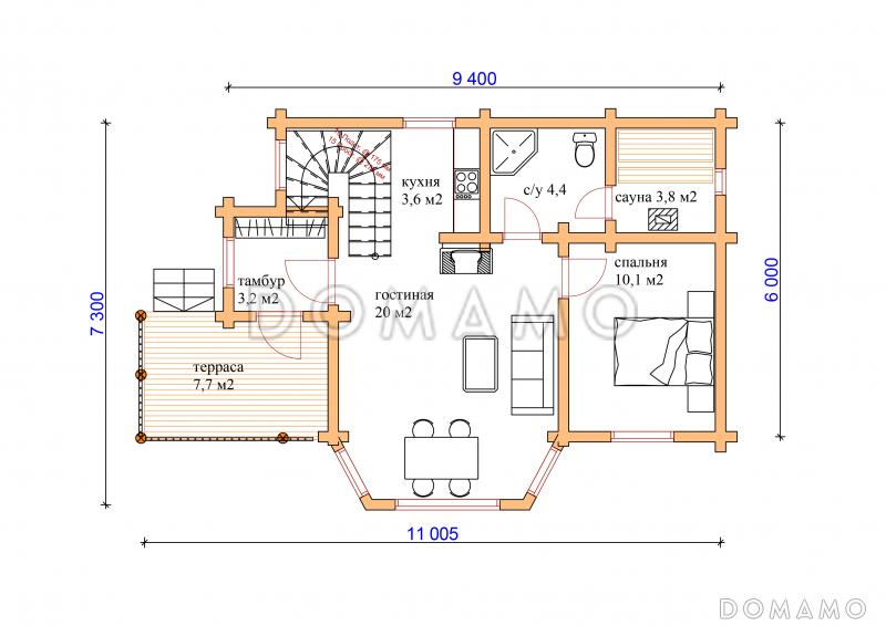 Проект коттеджа из бревна с сауной / План 1 этажа