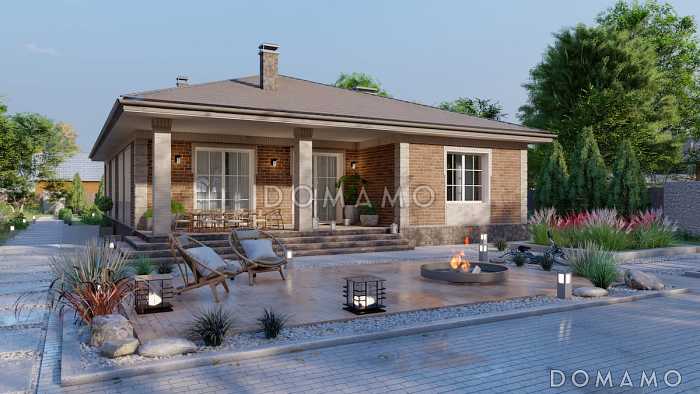 Проект дома с мастер-спальней, крытой террасой и встроенным гаражом Проект дома с мастер-спальней, крытой террасой и встроенным гаражом