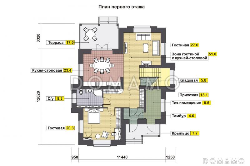 Проект дома по технологии ЛСТК с крытой террасой, кладовой под лестницей, гостевой на первом этаже, хозяйской спальней на втором этаже / План 1 этажа