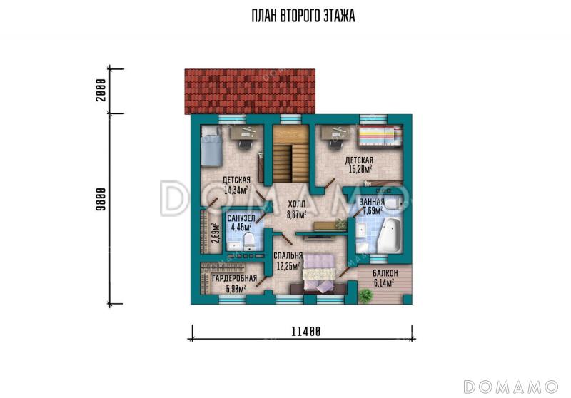 Проект дома с просторной кухней-столовой, загороженным крыльцом и уютным балконом на верхнем этаже / План мансардного этажа