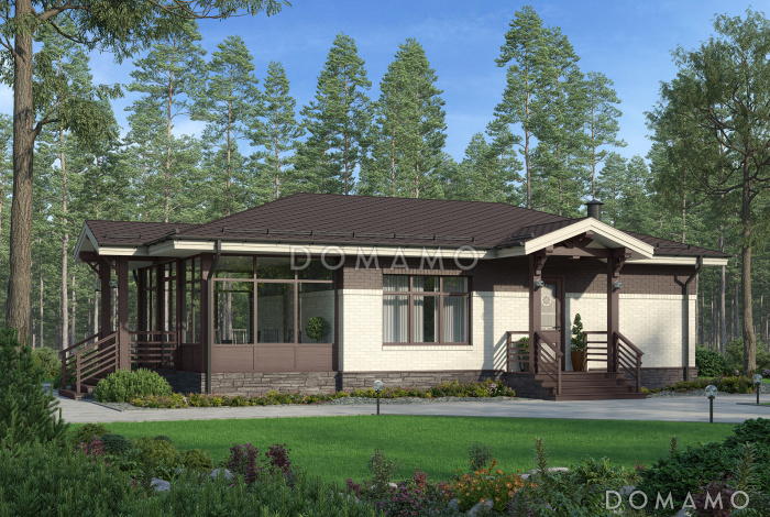 Проект бани с верандой, гостиной с кухней-столовой, парной и душевой