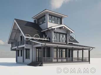 Проект двухэтажного дома из бруса с масштабной крытой террасой и бельведером Проект двухэтажного дома из бруса с масштабной крытой террасой и бельведером