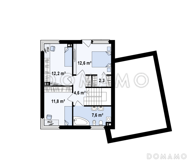 Проект двухэтажного дома из кирпича в стиле кубизм со спальной зоной на втором этаже и с гаражом / План 2 этажа