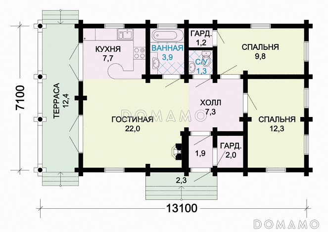 Проект одноэтажного деревянного дома  из оцилиндрованного бревна / План 1 этажа Проект одноэтажного деревянного дома  из оцилиндрованного бревна / План 1 этажа