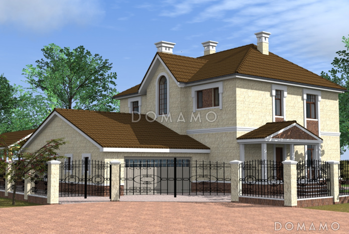 Проект дома из СИП панелей в классическом стиле с гаражом Проект дома из СИП панелей в классическом стиле с гаражом