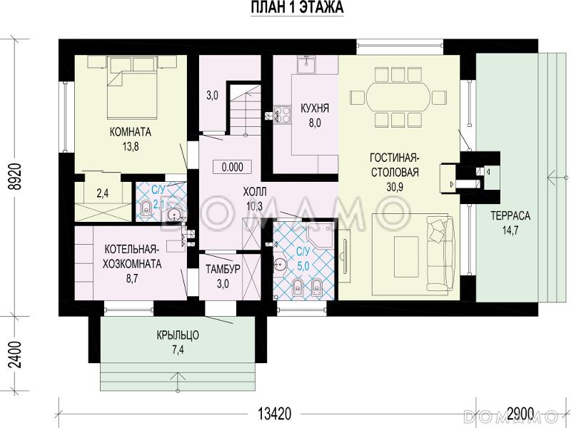 Проект дома с террасой, просторной гостиной, комнатами с санузлом / План 1 этажа