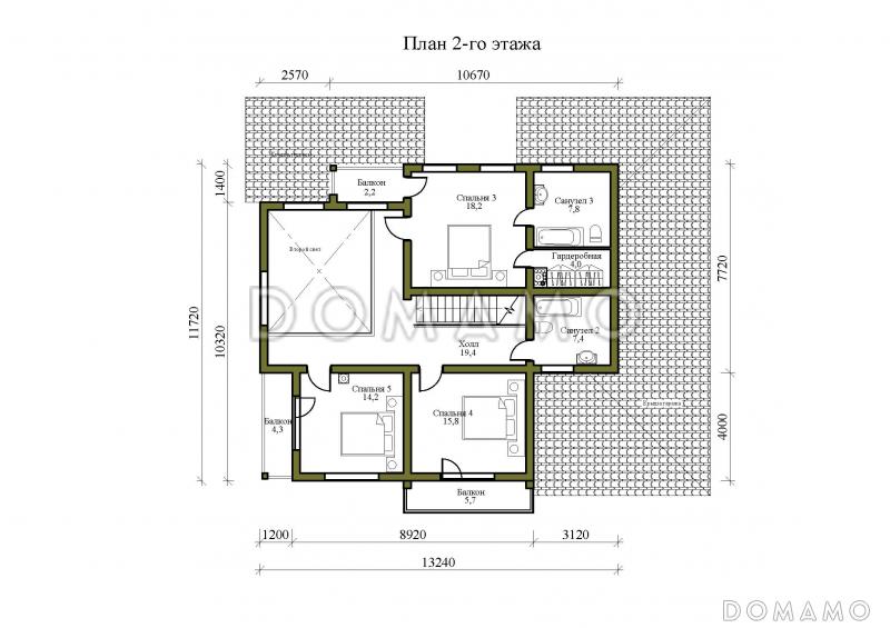 Проект двухэтажного дома из каменных блоков и бруса, с тремя балконами и террасой / План 2 этажа