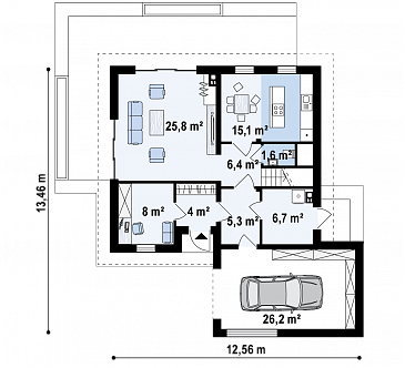 Проект одноэтажного мансардного дома из кирпича с кабинетом, изолированной кухней и гаражом / План 1 этажа