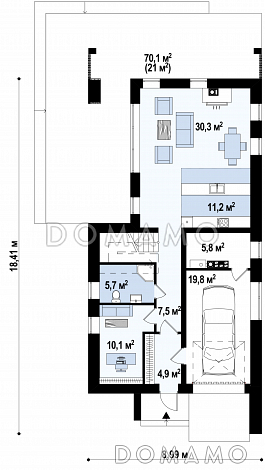 Проект аккуратного современного мансардного дома из кирпича с гаражом и террасой над входом / План 1 этажа