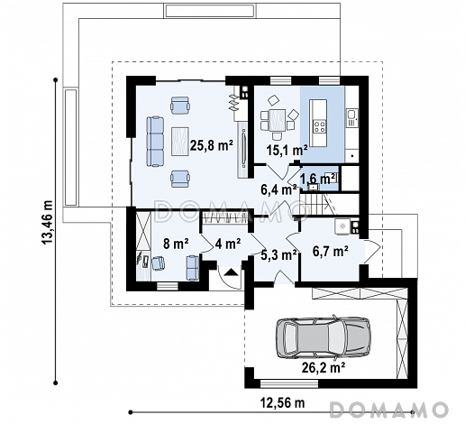 Проект одноэтажного мансардного дома из кирпича с кабинетом, изолированной кухней и гаражом / План 1 этажа