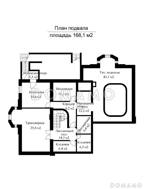 Проект импозантного особняка с гаражом на две машины, бассейном и тренажерным залом / План цокольного этажа