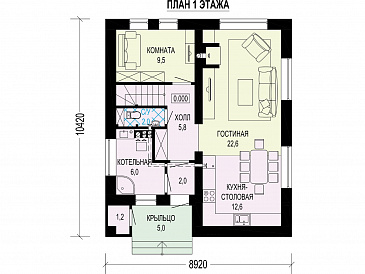 Проект двухэтажного дома с кладовой, кухней-столовой, лоджией / План 1 этажа Проект двухэтажного дома с кладовой, кухней-столовой, лоджией / План 1 этажа