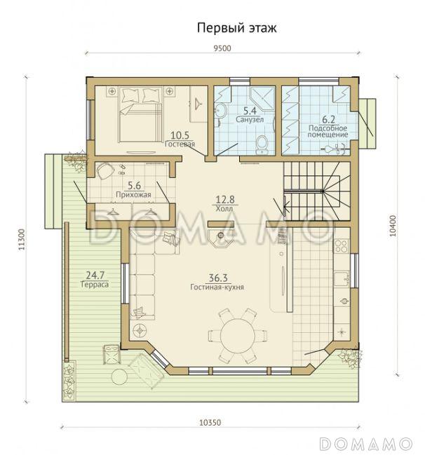 Проект каркасного дома с французским балконом / План 1 этажа