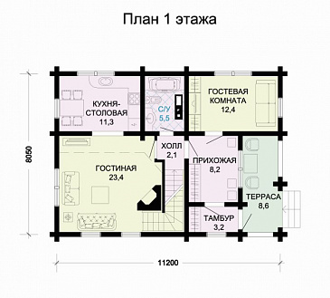 Проект дома из бревна с цокольным этажом / План 1 этажа Проект дома из бревна с цокольным этажом / План 1 этажа