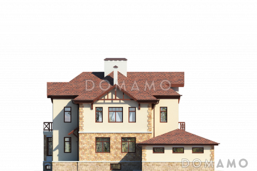 Проект дома с бассейном и просторной комнатой отдыха в цокольном этаже, сауной, гаражом на два автомобиля, открытой террасой, столовой с эркером / Фасад 4