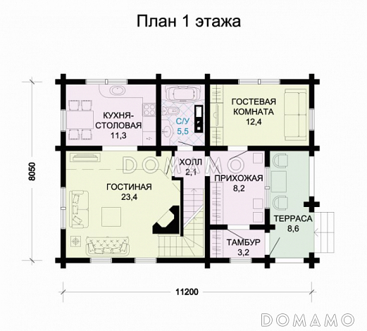 Проект дома из бревна с цокольным этажом / План 1 этажа Проект дома из бревна с цокольным этажом / План 1 этажа