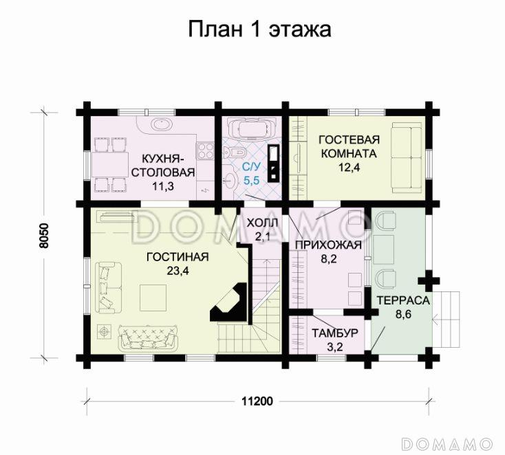 Проект дома из бревна с цокольным этажом / План 1 этажа