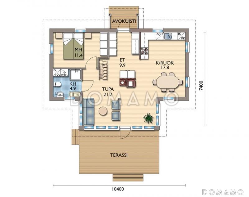 Проект каркасной сауны с эркером в гостиной / План 1 этажа