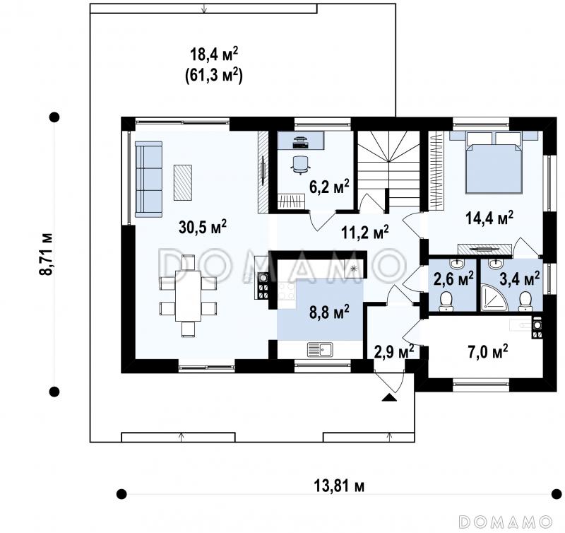 Проект  дома с подвалом, гостевой и кабинетом на первом этаже, хозяйской спальней на втором / План 1 этажа