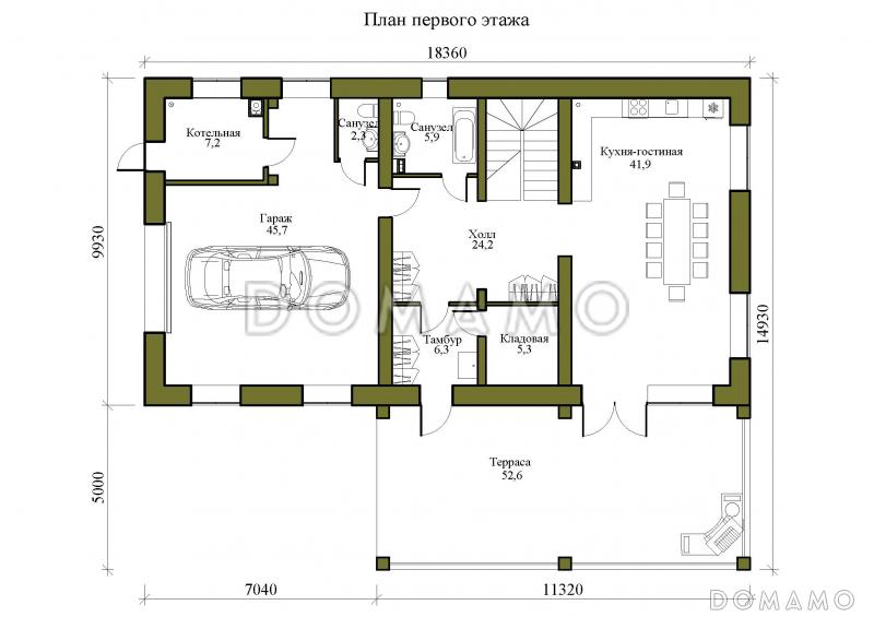 Проект двухэтажного дома с гаражем, тремя спальнями и просторной крытой террасой / План 1 этажа
