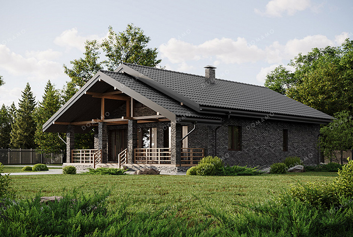 Проект выразительного одноэтажного дома с двухскатной крышей в разных уровнях, большой террасой и вторым светом