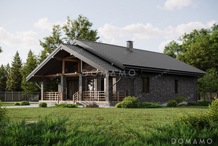 Проект выразительного одноэтажного дома с двухскатной крышей в разных уровнях, большой террасой и вторым светом Проект выразительного одноэтажного дома с двухскатной крышей в разных уровнях, большой террасой и вторым светом