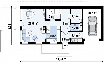 Проект мансардного одноэтажного дома из газобетона с тремя спальнями, гаражом и террасой над ним / План 1 этажа