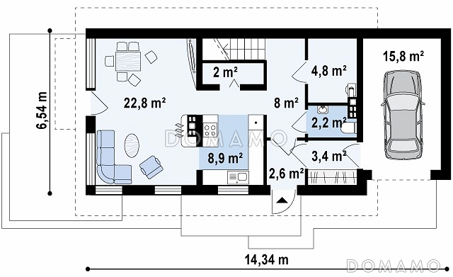 Проект мансардного одноэтажного дома из газобетона с тремя спальнями, гаражом и террасой над ним / План 1 этажа