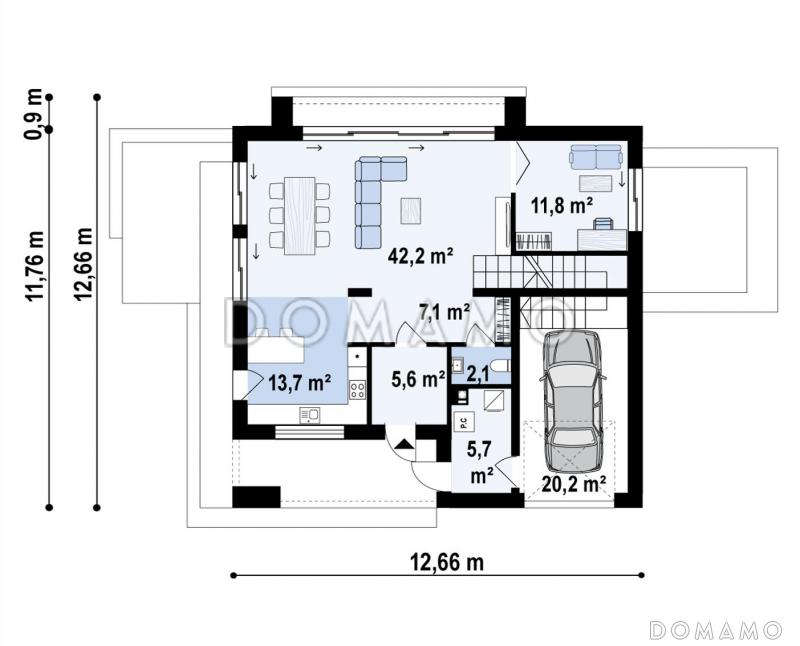 Проект дома с мансардным этажом, гаражом, кабинетом и просторной гостиной / План 1 этажа
