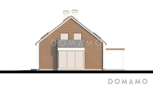 Проект одноэтажного мансардного дома из кирпича со стеклянным эркером в кухонной зоне, балконом над ним и гаражом / Фасад 1
