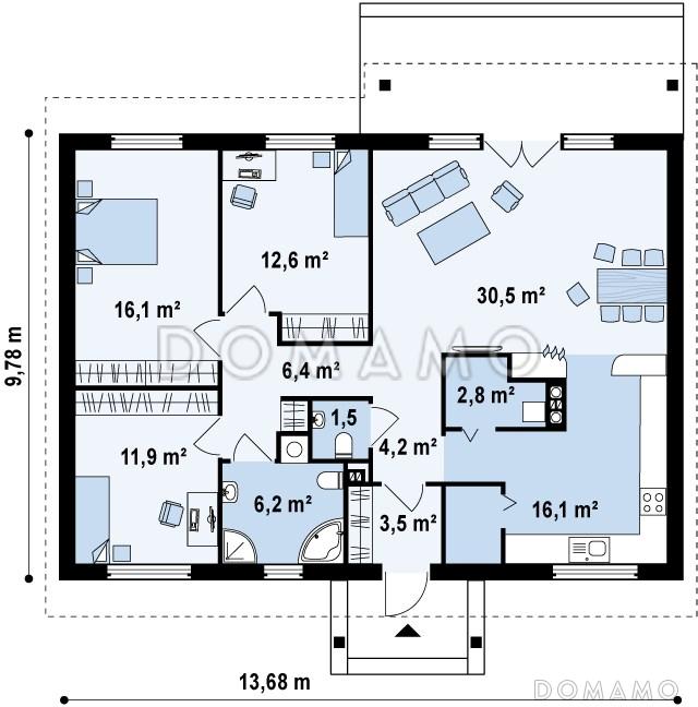 Проект классического одноэтажного дома из кирпича с отделённой спальной зоной / План 1 этажа