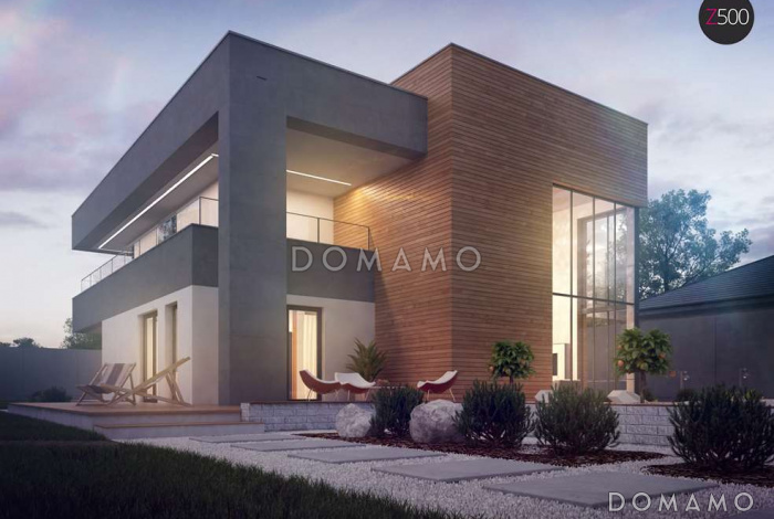 Проект большого современного двухэтажного дома из кирпича с большой площадью остекления, гаражом и просторными террасами на обоих уровнях