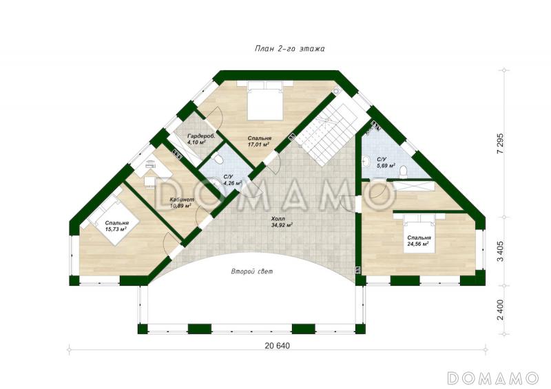 Проект дома сложной формы с 5 спальнями, кабинетом и большим холлом со вторым светом / План 2 этажа