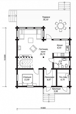 Проект дома из клееного бруса с тремя светлыми спальнями на втором этаже / План 1 этажа Проект дома из клееного бруса с тремя светлыми спальнями на втором этаже / План 1 этажа