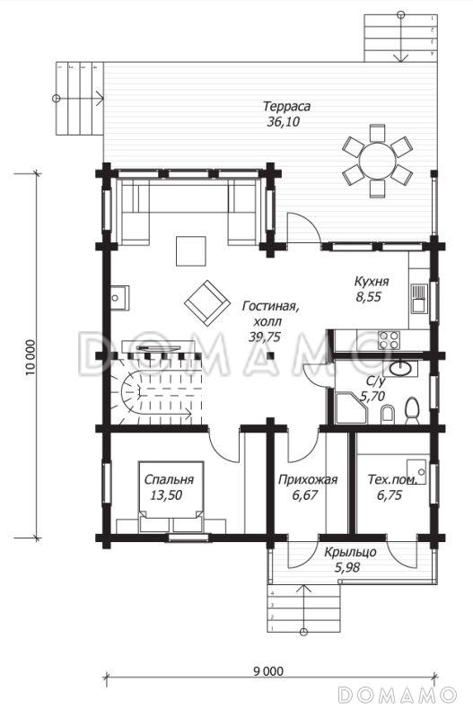 Проект дома из клееного бруса с тремя светлыми спальнями на втором этаже / План 1 этажа