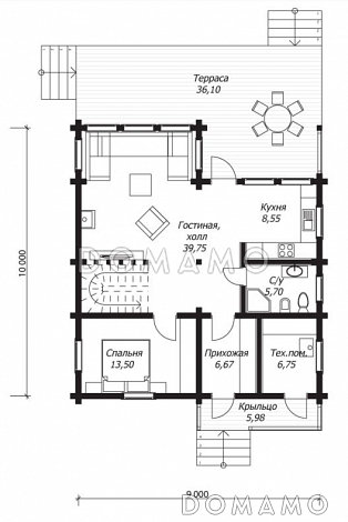 Проект дома из клееного бруса с тремя светлыми спальнями на втором этаже / План 1 этажа Проект дома из клееного бруса с тремя светлыми спальнями на втором этаже / План 1 этажа