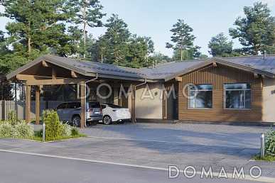 Проект Т-образного дома с навесом для автомобилей, крытой верандой для барбекю, открытой планировкой дневнойзоны