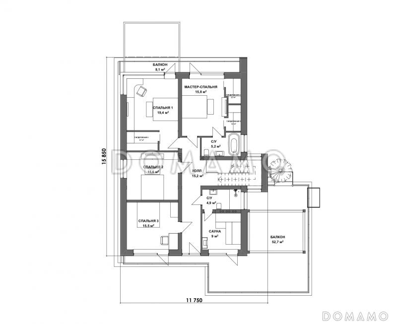 Проект современного двухэтажного дома из газобетона с сауной и балконом / План 2 этажа