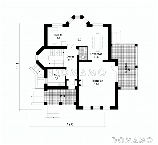 Проект коттеджа с подземным гаражом / План 1 этажа Проект коттеджа с подземным гаражом / План 1 этажа