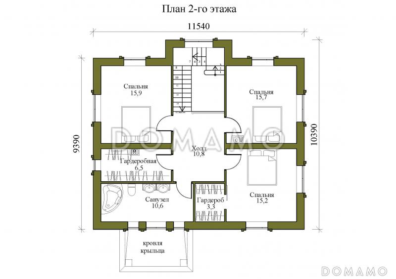 Проект двухэтажного дома с камином в гостиной и тремя спальнями / План 2 этажа