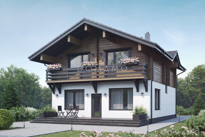 Проект двухэтажного дома из газобетона и бруса с балконом на две комнаты и террасой Проект двухэтажного дома из газобетона и бруса с балконом на две комнаты и террасой