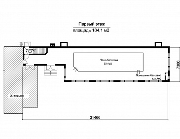 Проект пристроенного бассейна круглогодичного использования / План 1 этажа