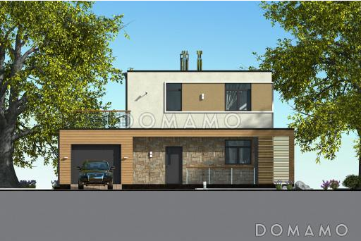 Проект современного дома с гаражом на одну машину, открытой террасой, просторной гостиной, широким балконом над гаражом / Фасад 1