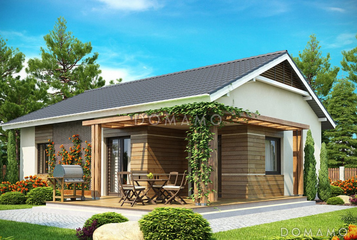 Проект компактного одноэтажного дома из газобетона с двумя спальнями и частично крытой угловой террасой, с возможностью обустроить мансарду Проект компактного одноэтажного дома из газобетона с двумя спальнями и частично крытой угловой террасой, с возможностью обустроить мансарду