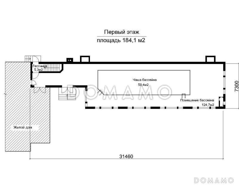 Проект пристроенного бассейна круглогодичного использования / План 1 этажа Проект пристроенного бассейна круглогодичного использования / План 1 этажа