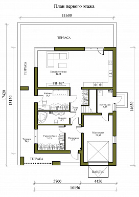 Проект двухэтажного дома в стиле хай-тек с мастерской-гаражом, очень просторной террасой и вторым светом / План 1 этажа Проект двухэтажного дома в стиле хай-тек с мастерской-гаражом, очень просторной террасой и вторым светом / План 1 этажа
