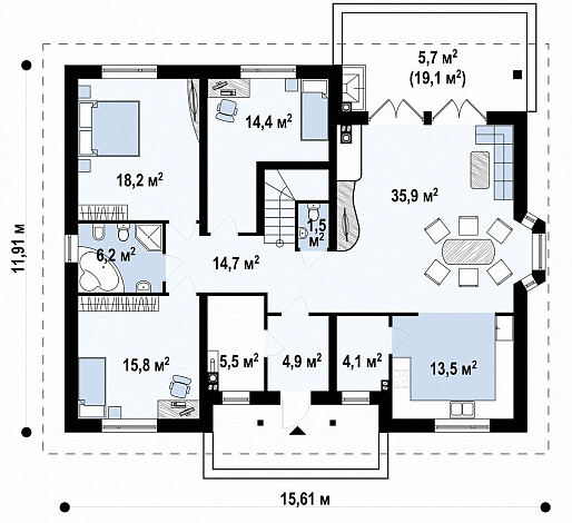 Проект одноэтажного дома из газобетона с мансардой и зоной барбекю на террасе  / План 1 этажа