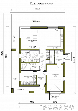 Проект двухэтажного дома в стиле хай-тек с мастерской-гаражом, очень просторной террасой и вторым светом / План 1 этажа Проект двухэтажного дома в стиле хай-тек с мастерской-гаражом, очень просторной террасой и вторым светом / План 1 этажа