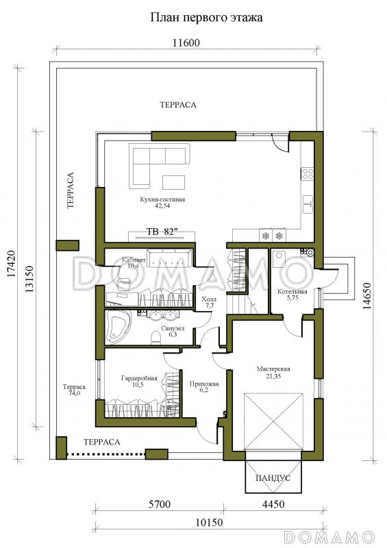 Проект двухэтажного дома в стиле хай-тек с мастерской-гаражом, очень просторной террасой и вторым светом / План 1 этажа