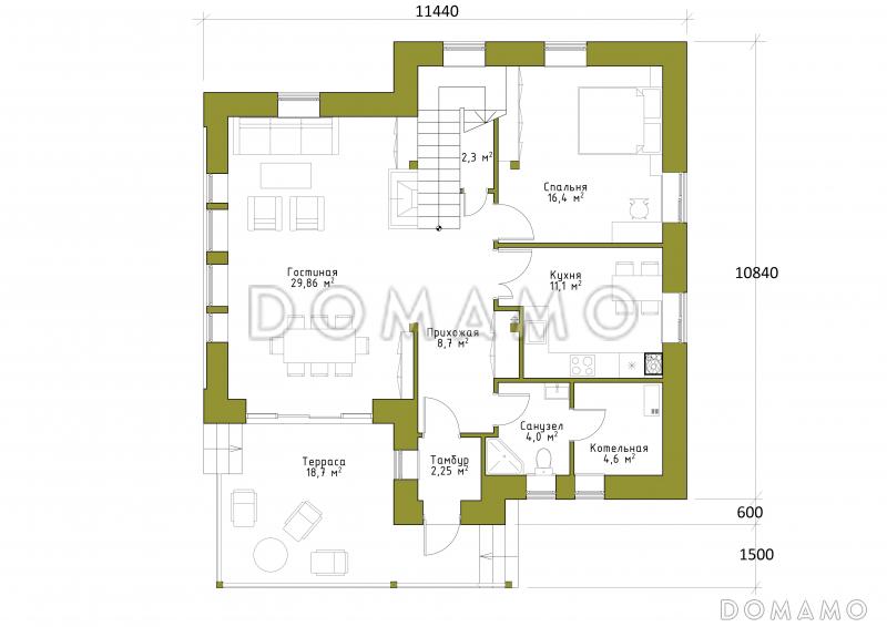 Проект коттеджа из SIP панелей с двусветной гостиной и террасой. / План 1 этажа